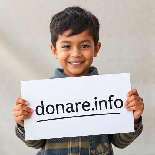 Junge, der lächelt, hält Schild mit Aufschrift "donare.info"